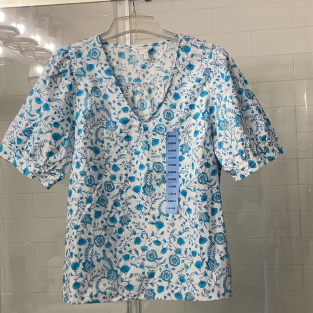 Draper James Puff Sleeve Blue and White Floral Blouse SZ L